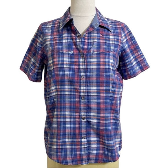 VINTAGE WRANGLER Womens Blue Pink Silver Plaid Cowgirl Western Buttondown Shirt - Picture 1 of 14